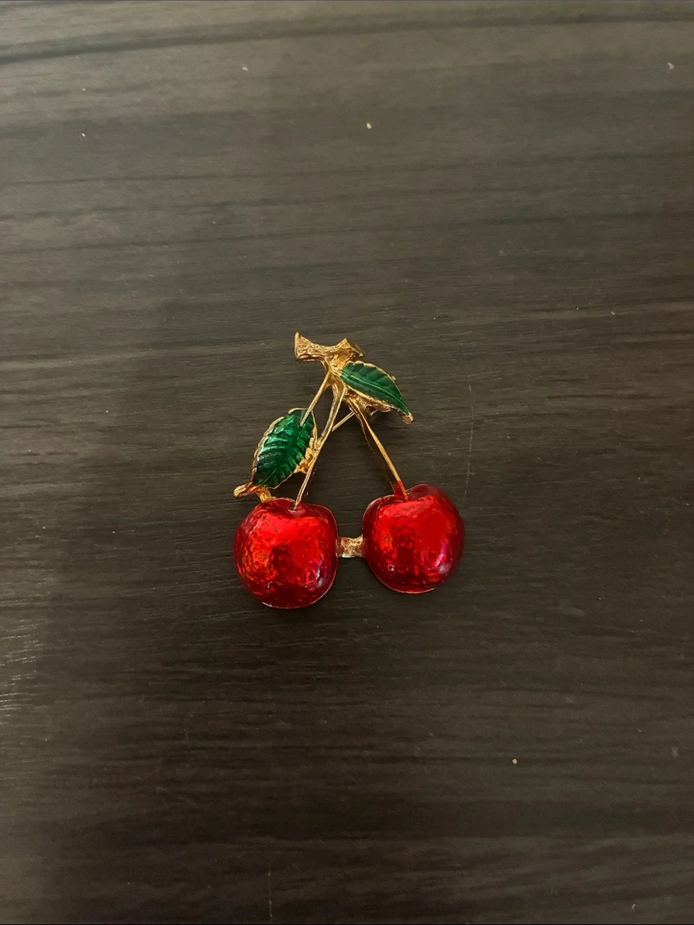 Vintage Inspired Cherry Brooch Red Enamel Fruit Pin Gold Tone Jewelry